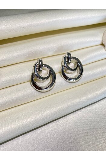 Furtek Aksesuar Women's Silver Color Nested Circle Earrings Model Luxury Trend