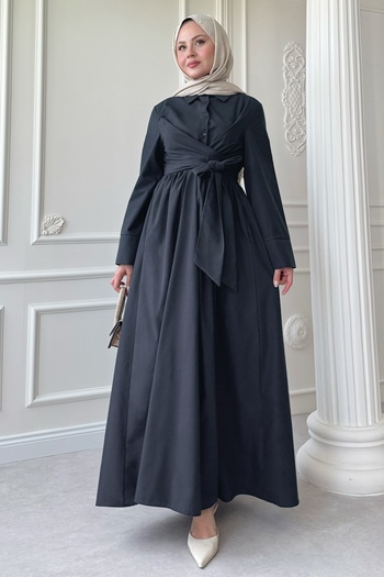 InStyle Wide Sleeve Tie Detail Poplin Anthracite Dress