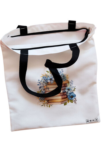 BEKZ Sacosa Textila Cu Fermoar, Geanta Tote, Model Gradina Abstracta, 38x34.5 Cm, Alba, ®