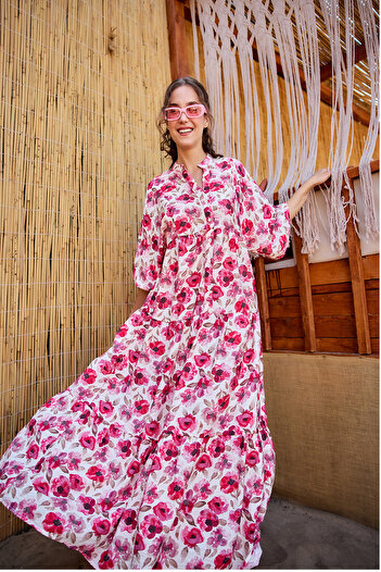 LOCCO Women's Ethnic Floral Patterned Dress Fuchsia