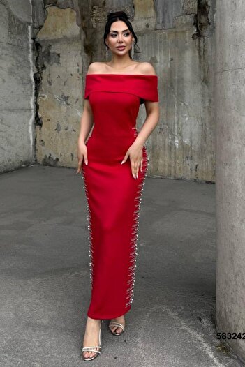 Modafeminen Strapless Neckline Scuba Fabric Dress with Pearls on the Sides Red 583242