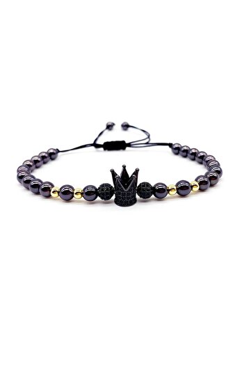 Tessero Brățară cu mărgele din oțel inoxidabil, model unisex de lux cu coroană, placată cu aur de 18K și negru