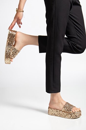 Dilimler Ayakkabı Women's Wedge Heel Slippers Gold Sequin Thick Single Tape Coated Sole
