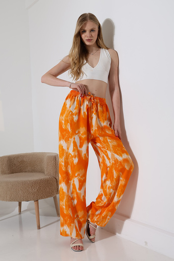 Buklemoda Viscose Wide Leg Orange Patterned Trousers