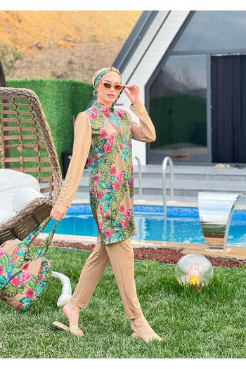 ButikKardelen Camelya Floral Patterned Full Covered Hijab Swimsuit with Bag Tk 10032