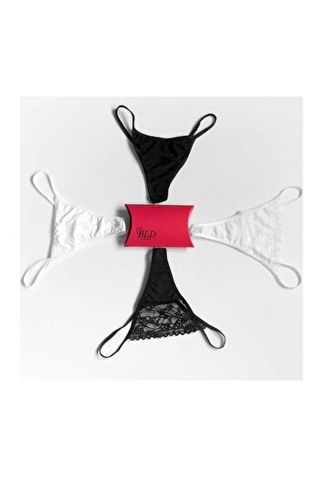 BLD by Exclusive Gift box set, 4 pcs thong panties, white, black, microfiber, FANTAZIA lace, BLD by Exclusive