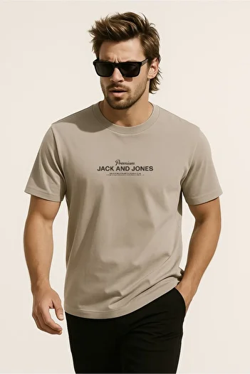 Jack & Jones J&J T-Shirt Men Logo Printed Tee Shirt Beige Premium