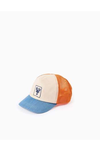 Ziddy Dual-Fabric Beanie for Boys 'Lobster', Orange/Beige/Blue