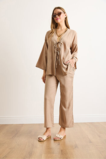 Olalook Women's Camel Top Lace-Up Cardigan Bottom Pocket Pants Suit Tkm-19000404