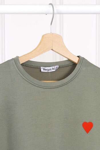 İmajButik Khaki Embroidered Short Sleeve Modal T-Shirt
