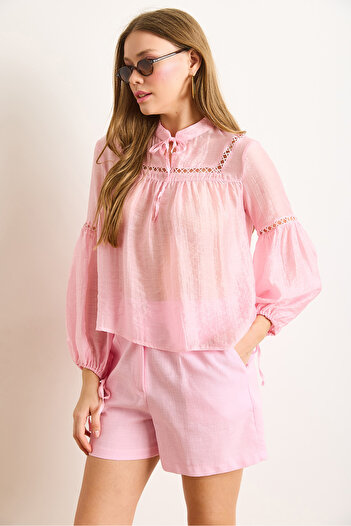 Olalook Women's Pink Collar Lace-Up Blouse with Scallop Detail Transparent Blouse Blz-19003031