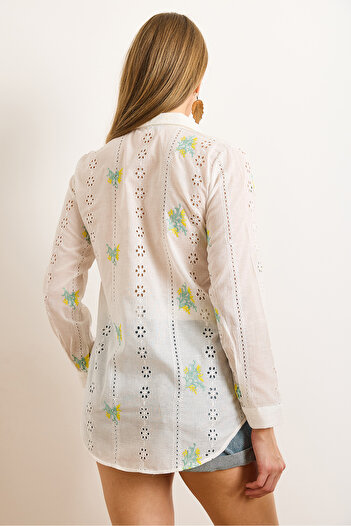 Olalook Women's White Yellow Embroidered Stripe Fisto Detailed Shirt Gml-19001363