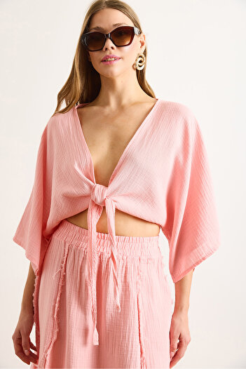 Olalook Women's Pink Bat Muslin Blouse with Front Tie Detail Blz-19003030