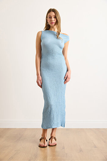 Olalook Women's Blue Waist Gathered Slit Textured Dress Elb-19002459