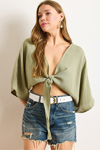Olalook Women's Khaki Bat Muslin Blouse with Front Tie Detail Blz-19003030