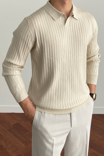 Tarz Cool Men's Beige Slim Fit Long Sleeve Polo Neck Knitwear Sweater