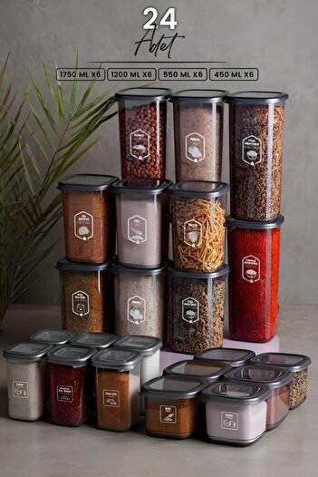 Justyol Set of 24 Square Storage Containers – Labeled, 4 Different Sizes, Food Organizer