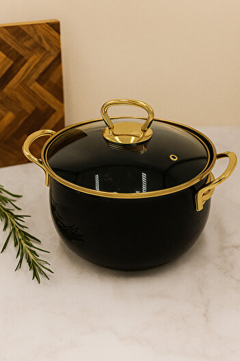 BAMBUMDAN Taşev Sultan Series 20 cm Black Enamel Deep Pot – Gold Handle, Stylish and Durable Design