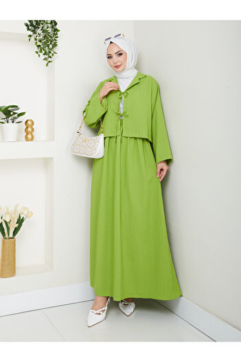 exxitcollection Women's Hijab Seersucker Fabric Oil Green Crop Tie Stylish Modern Skirted Double Kimono Set