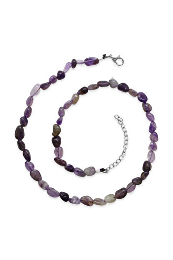 Tesbihane Silver Color Metal Chain Amorphous Amethyst Natural Stone Women's Necklace
