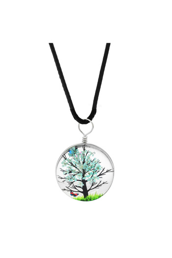 Tesbihane Oval Design White Floral Nature Themed Handmade Natural Resin Necklace