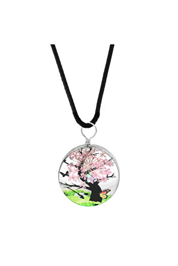 Tesbihane Oval Design Pink Floral Nature Themed Handmade Natural Resin Necklace
