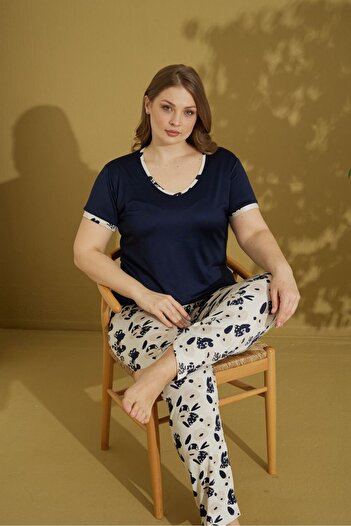 seamlife Women's Patterned 3 Button Crew Neck Summer Cotton Lycra Plus Size Short Sleeve Pajama Set