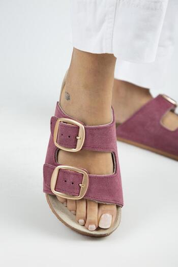 Manijero İrene Women's Genuine Leather Double Buckle Cherry Slippers