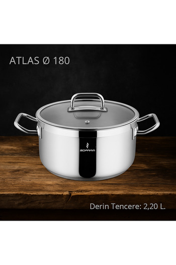 Sofram Yeşiltan Sofram Atlas Series 18 cm 18/10 Stainless Steel Deep Pot – Glass Lid, Capsule Base