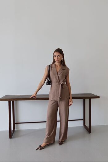 Patreon Set pantaloni vestă de in cu legare în talie