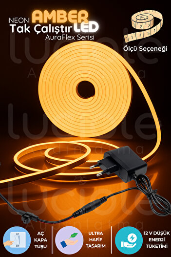 luciole 2 Metre Amber LED Şerit Işık | AuraFlex Serisi | Prizli Aç-Kapa Turuncu Neon Şerit
