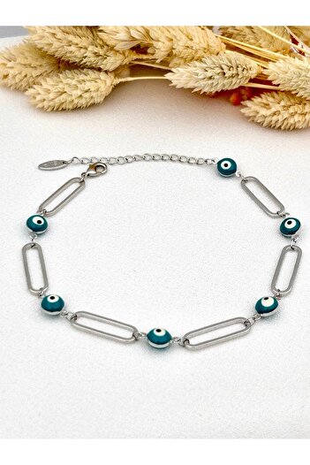 Siya Silver Steel Anklet with Paperclip Chain Evil Eye Beads - 21+5 cm