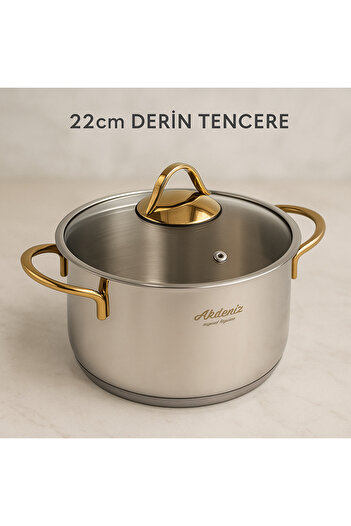Akdeniz Elite Series 22 cm 4.25 Lt Gold Handled Stainless Steel Pot – Glass Lid, Stylish 18/10