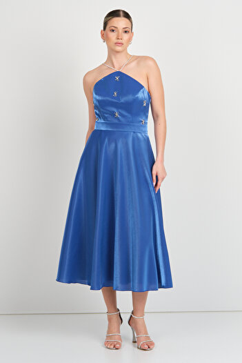 Saygın Women's Halter Neck Stone Detailed Midi Evening Dress 5598 Saks