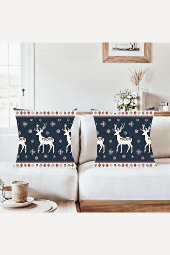 farbala Deer New Year New Year's Day Combination Hidden Zipper Throw Pillow Cover Sofa Pillowcase Set (2Pcs)