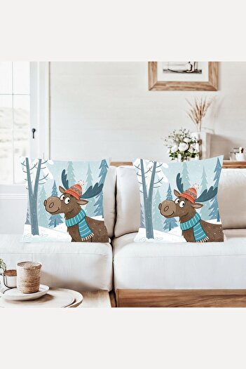 on the clouds Winter Themed Deer Christmas Combination Hidden Zippered Throw Pillow Cover Sofa Pillow Case Set (2Pcs)