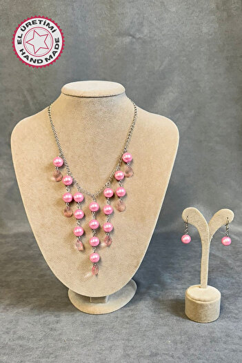 Uretti - Tuğba 9352 0371 Handmade Pink Pearl Beaded Jewelry Set