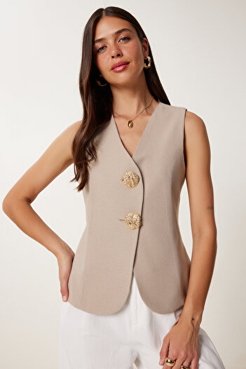 Lovelyİstanbul Stylish Buttoned Linen Vest Mink Lrg0028