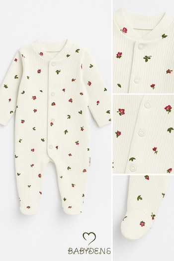 BABYDEN'S Flower Pattern Ribbed Booties Baby Rompers Comfortable Snap Romper for Newborns Ribbed 100% Cotton