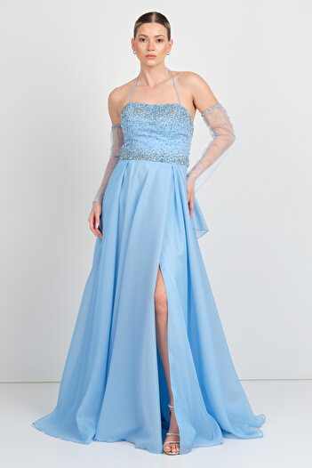 Saygın Women's Halter Neck Maxi Evening Dress with Gloves 5641 Blue