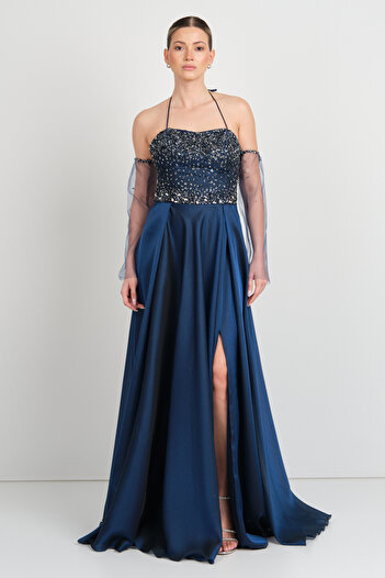 Saygın Women's Halter Neck Maxi Evening Dress with Gloves 5641 Navy Blue