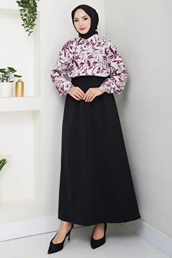 hafsamina Floral Patterned Skirt Suit Plum Hm2739