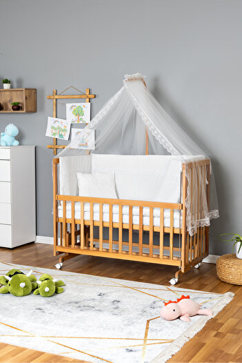 Bamgidoo Ahşap Beşik Anne Yanı Beşik Vernikli 70x130 - Beyaz Güpür Uyku Seti + Yataklı + Tekerlekli