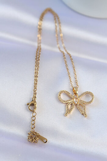 Clariss 316L Steel Chain Gold Color Zircon Stone Bow Necklace