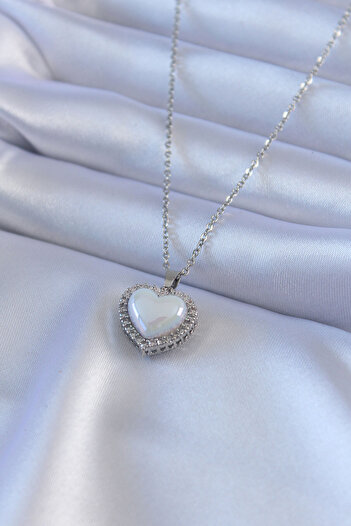 Clariss 316L Steel Silver Color Pearled Heart Model Zircon Stone Women's Necklace