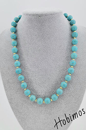 Hobimos Turquoise Natural Stone Necklace - Turquoise Necklace with Gold Ball Detail