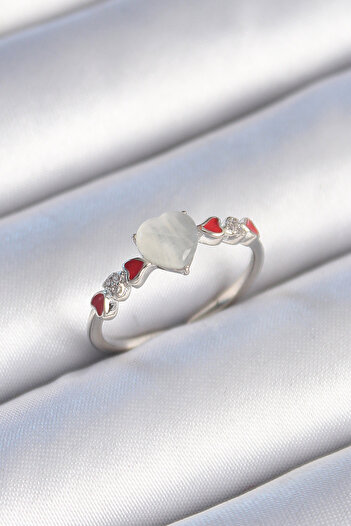 Clariss Brass Silver Color White Enameled Heart Model Zircon Stone Detailed Women's Ring