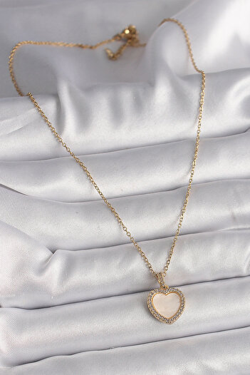 Clariss 316L Steel Gold Color Chain Zircon Stone White Enamel Heart Model Women's Necklace