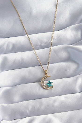 Clariss 316L Steel Gold Color Chain Zircon Stone Detail Crescent Star Figure Women's Necklace