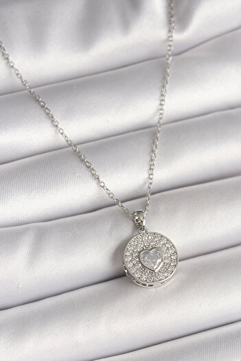 Clariss 316L Steel Silver Color Chain Zircon Stone Heart Embroidered Medallion Model Women's Necklace